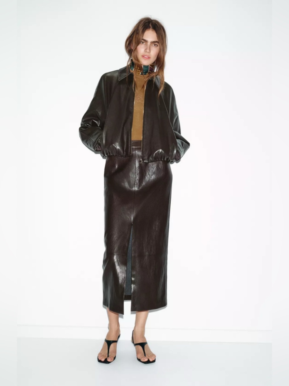 Faux Leather Midi Skirt in Deep Brown